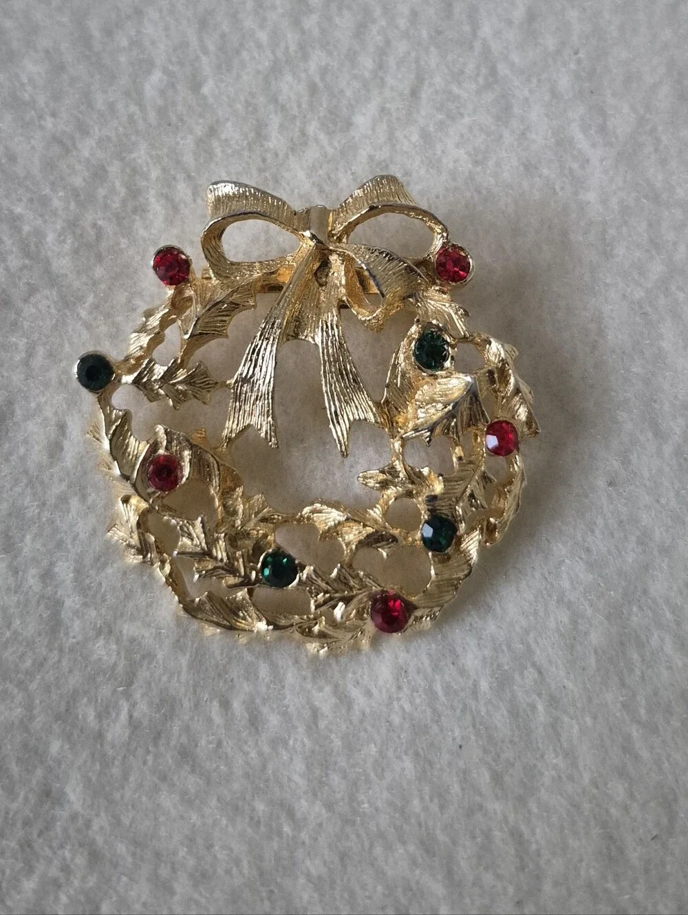 Holiday Wreath Brooch with Red and Green Faux Stone